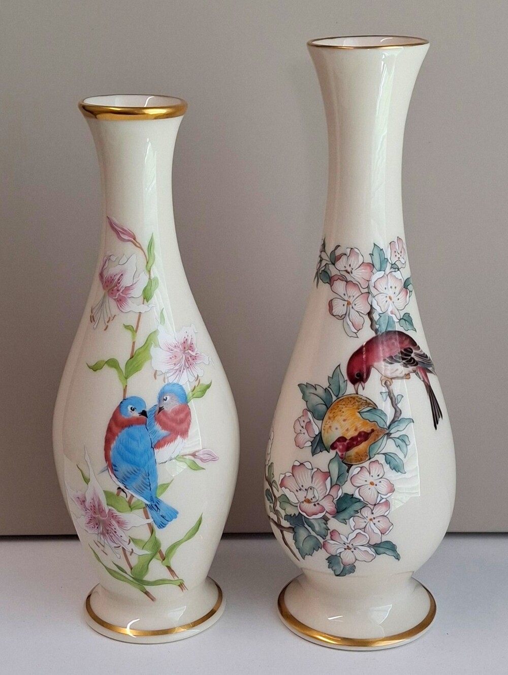 Lenox Serenade &  Eternal Love Bud Vases 24K Gold Trim Flowers & Birds Set Of 2